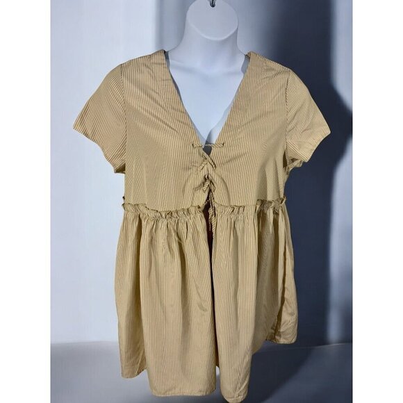 Shein Vcay Collection Curve 1XL NEW Babydoll V Neck Brown Striped Mini Dress - Picture 2 of 8